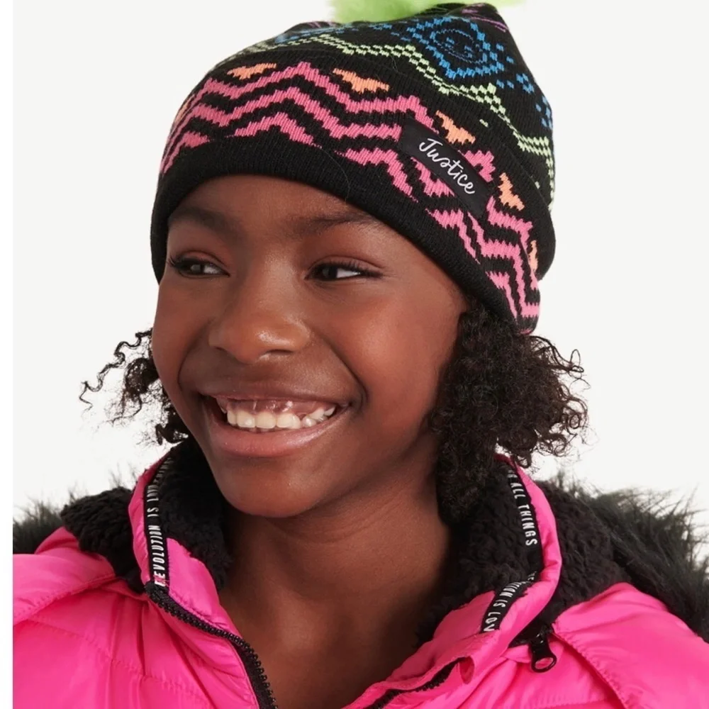 2pack Justice Girls faux fur pom pom ombre Tie Dye‎ & fair isle look beanies new